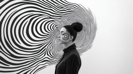 Model posing near optical illusion in black and white with hypnotic target on eyeの素材