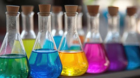 Colorful chemical liquids in glass flasks creating a rainbow effectの素材