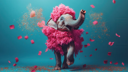 Playful elephant dancing with pink feather boa and glitter confettiの素材
