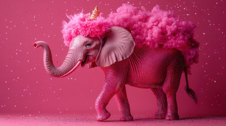 Pink elephant wearing a unicorn hat and walking on glitterの素材
