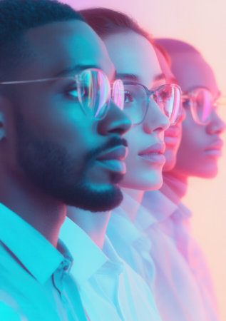 Business people wearing glasses looking in same direction with neon lightsの素材