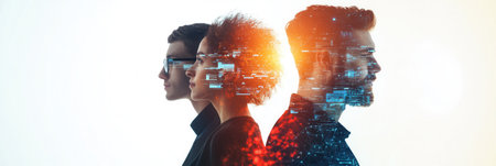 Businesspeople sharing ideas and connecting through digital network visualizationの素材