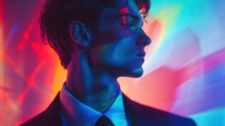 Businessman illuminated by colorful neon lights, reflecting modern business trendsの素材