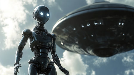 Robot looking at approaching spaceship in cloudy skyの素材