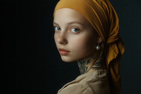 Model posing with headscarf and tattoos in studio portraitの素材