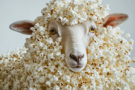 Sheep covered in popcorn, surreal portrait of a farm animalの素材