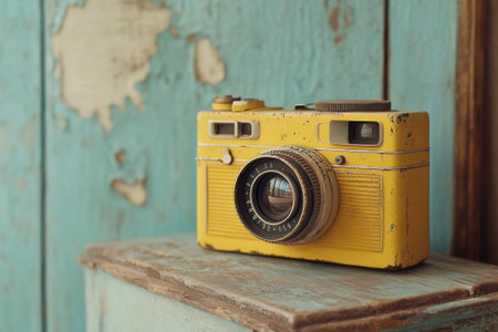 Yellow vintage photo camera resting on wooden surfaceの素材