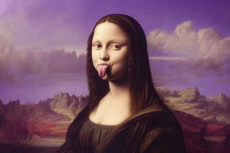 Mona lisa sticking out tongue in surreal landscape paintingの素材