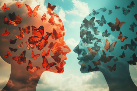 Two silhouettes exchanging butterflies representing empathy and understandingの素材