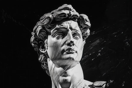 Glitch art effect on michelangelos david bust sculpture with black backgroundの素材