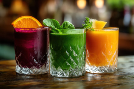 Colorful fresh juices resting on wooden table in restaurant settingの素材