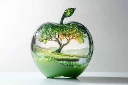 Glass apple sculpture protecting pristine nature landscape with tree and riverの素材