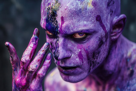 Purple monster touching face with artistic makeup and contact lensesの素材