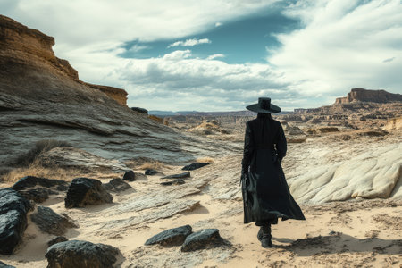 Scientist walking in desert canyon exploring scientific discoveriesの素材