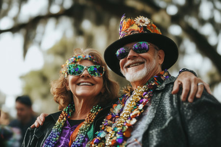 Senior couple wearing festive costumes and beaded necklaces enjoying mardi gras celebrationの素材