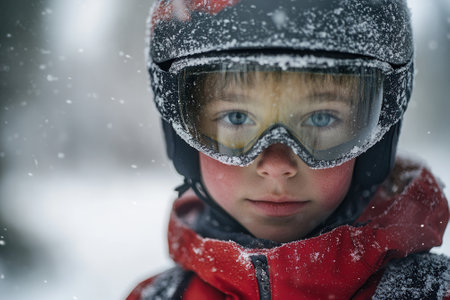 Young boy wearing ski helmet and goggles in snowing mountainの素材
