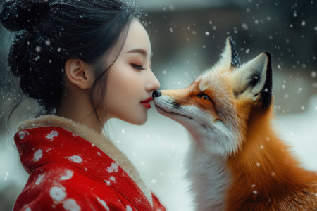 Japanese woman wearing kimono gently touching noses with fox in snowfallの素材