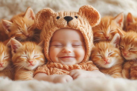 Smiling baby wearing knitted bear hat sleeping with kittensの素材