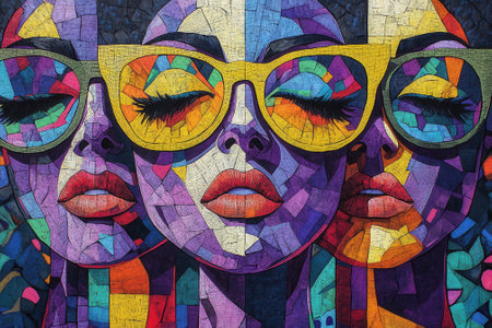 Cubist woman wearing sunglasses with eyes closedの素材