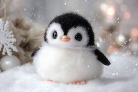Cute baby penguin toy standing on snow during christmas timeの素材