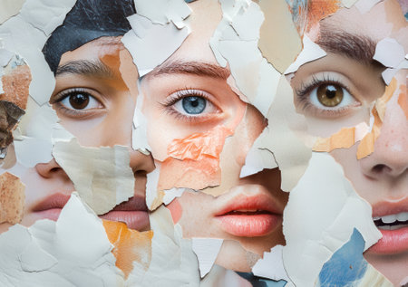 Torn paper revealing different women faces creating surreal portraitの素材