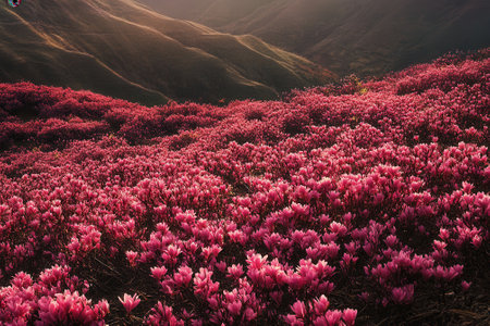 Blooming pink rhododendron flowers covering mountain slope at sunsetの素材
