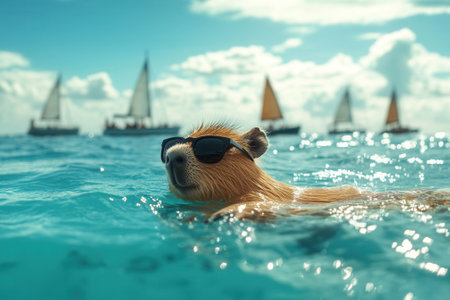 Capybara wearing sunglasses swimming in the sea with sailboats in backgroundの素材