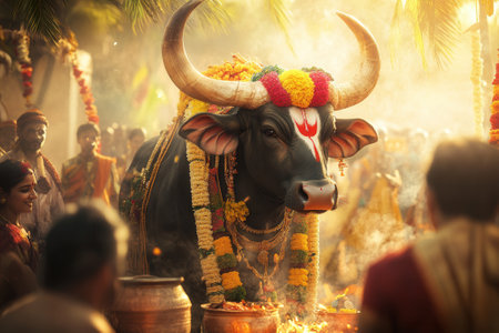 Majestic bull nandi stands at the center of a religious ceremony in indiaの素材