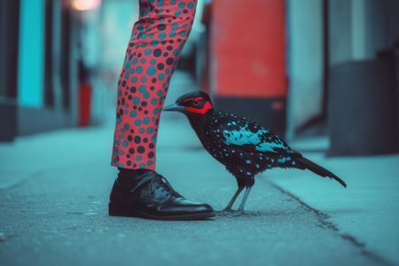 Bird standing next to fashionable person wearing polka dot pantsの素材