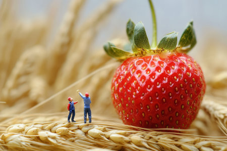 Farmers analyzing giant strawberry in wheat fieldの素材