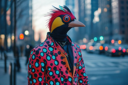 Fashion model wearing bird mask and colorful suit in new york city streetの素材