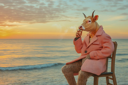 Cow smoking cigarette wearing pink coat at sunset on the beachの素材