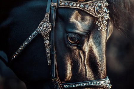 Black horse wearing luxurious jeweled bridle closeupの素材
