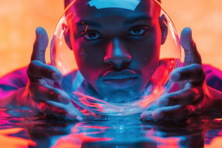 Astronaut holding helmet visor reflecting colorful neon lightsの素材