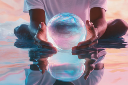 Man holding glowing crystal ball reflecting in water at sunsetの素材
