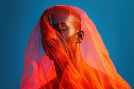 Model posing with orange veil covering face on blue backgroundの素材