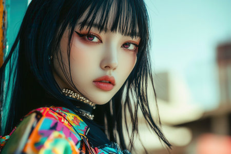 Korean model posing with colorful clothes and intense makeupの素材