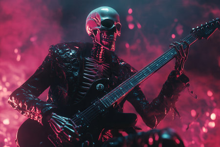 Skeleton rockstar playing electric guitar on stage with pink lightsの素材