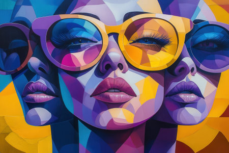 Cubist woman wearing sunglasses in abstract geometric styleの素材