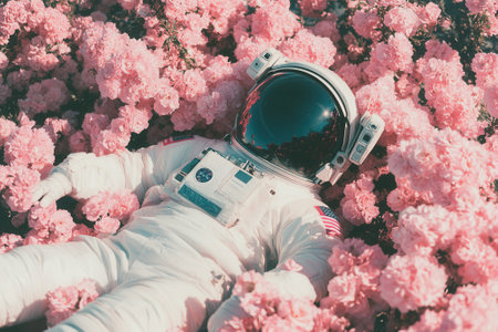 Astronaut relaxing in a field of pink flowersの素材