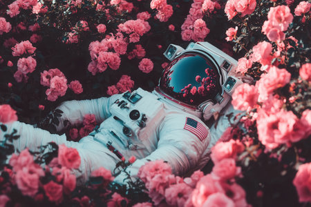 American astronaut relaxing in a field of pink rosesの素材