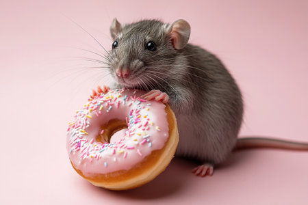 Cute rat holding big pink sprinkle donut on pink backgroundの素材