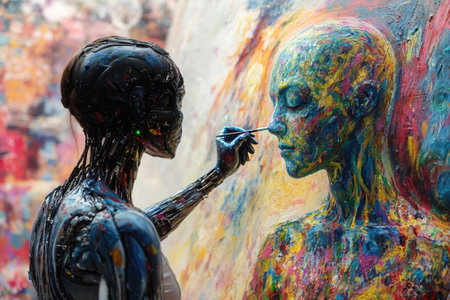Artificial intelligence robot painting colorful human portrait with brushの素材