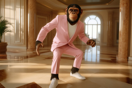 Stylish chimpanzee wearing pink suit in luxurious hotel lobbyの素材