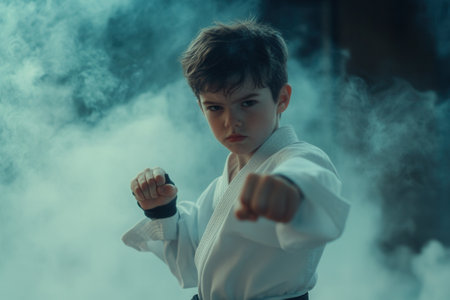 Young karate kid performing martial arts in smoke filled roomの素材