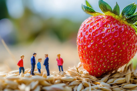 Miniature people observing giant strawberry on wheat grainsの素材