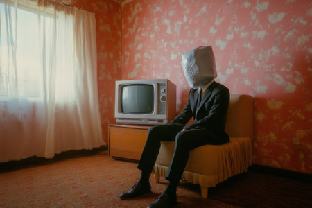 Businessman watching tv with plastic bag over head in vintage roomの素材