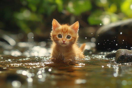 Ginger kitten entering river in natureの素材