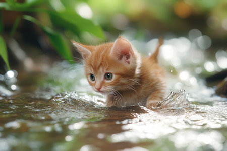 Ginger kitten walking in a stream of waterの素材