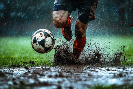 Soccer player kicking ball in the rain and mudの素材